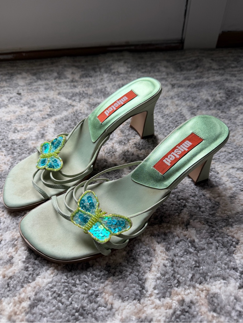 Y2K Unlisted Mint Green Sequin Butterfly Heeled Fairy Sandals